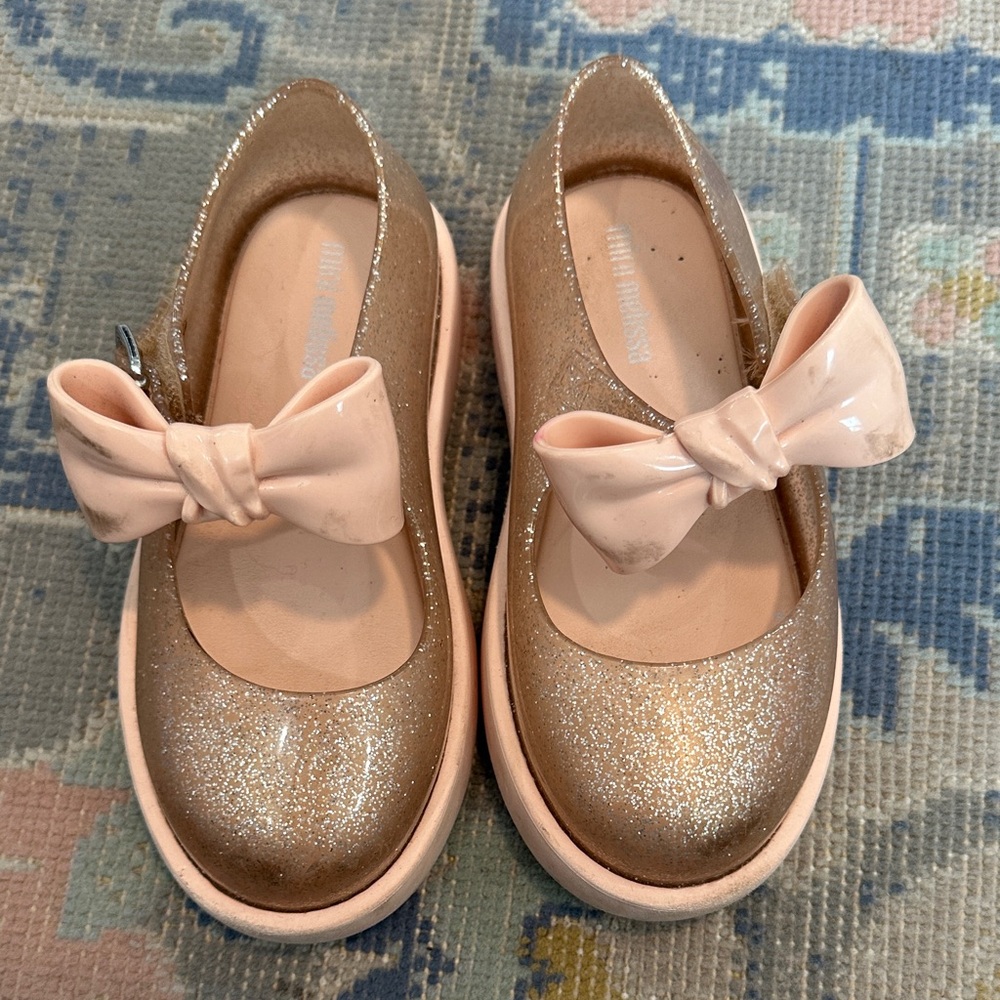 Mini Melissa Gold Glitter Kids Shoes with Peach Bow